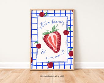 Strawberries and Cream Art Print, Retro Kitchen Wall Decor