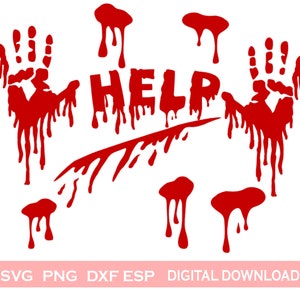 Op de afbeelding: Rode bloederige handafdrukken met druppelend bloed en het woord "HELP" geschreven in druppelend bloed.