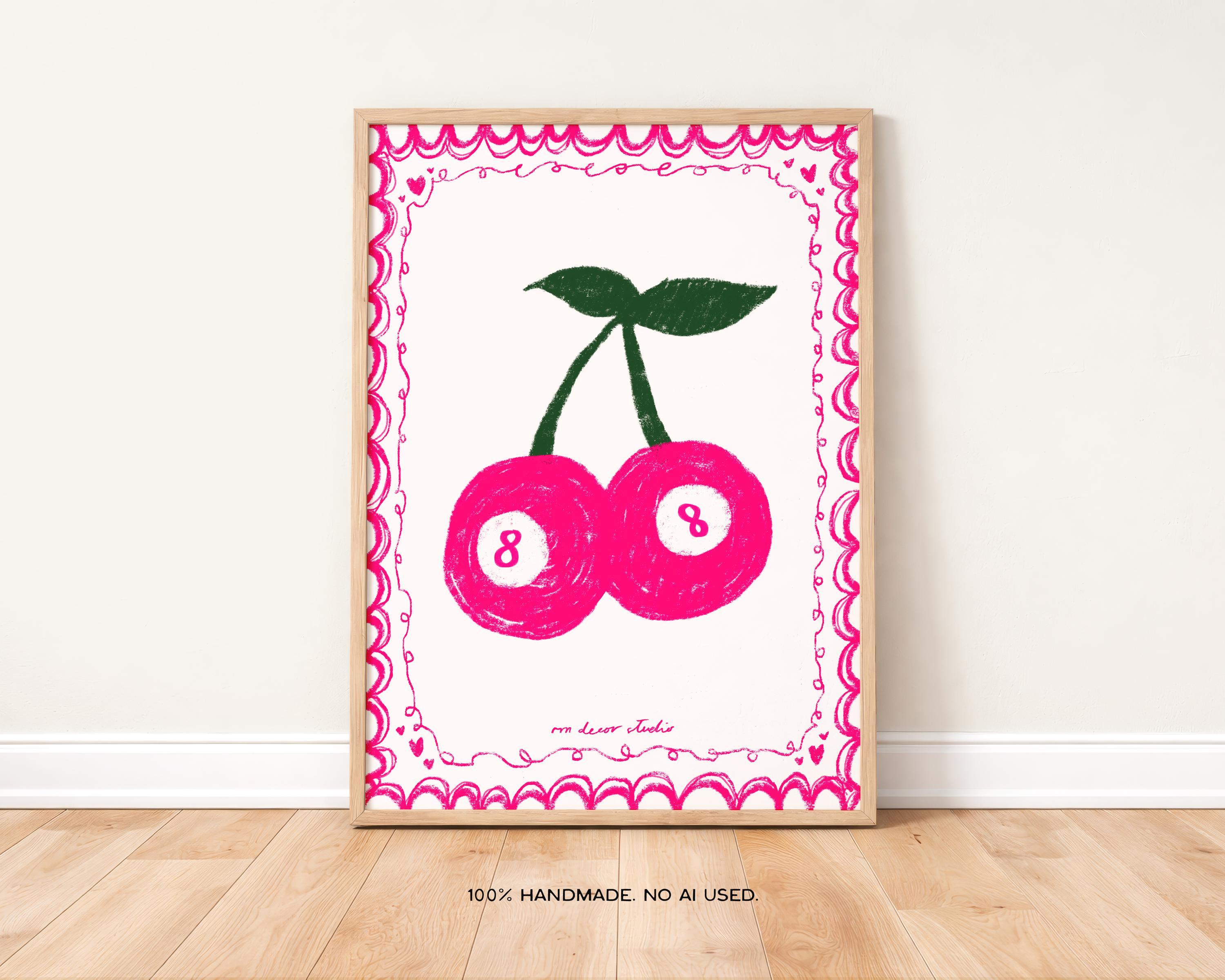 Pink Cherries Lucky 8 Art Print Poster, Heart Valentine Trendy