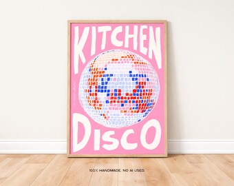 Stampa artistica di una palla da discoteca da cucina, decorazione retrò colorata (download digitale)
