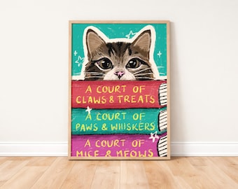 Tabby Cat Book Stack Art Print | Fantasy Book Lover Print | Digital Download