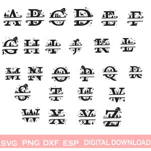 Pode incluir: Um conjunto de 26 letras de monograma divididas com um tema natalino. Cada letra é dividida em duas com um design natalino na metade superior e uma linha na metade inferior. Os designs incluem uma árvore de Natal, uma rena, um boneco de neve, um chapéu de Papai Noel e uma caixa de presente.