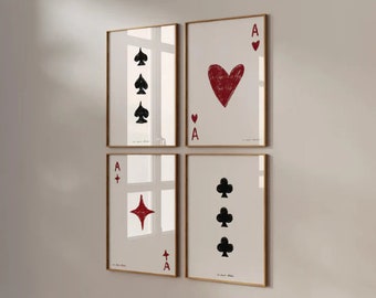 Spielkarten Set mit vier Drucken Kunstposter, Ace of Spades Hearts Trendiger Retro-Print, Mid Century Print, moderne Küchenwand Barwagen Art