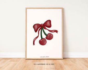 Cherries and Bow Art Print, Trendy Retro Illustration (Digital Download)