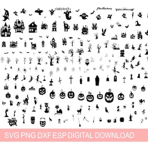ハロウィーン 200 SVG バンドル シルエット スカル カート、ホラー、かわいい幽霊 魔女 幽霊 帽子 カラス 怖い木 家 コウモリ、即時ダウンロード