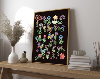 Crayon Butterfly Flowers Art Print, Whimsical Kids Room Decor