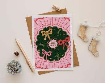 Joyeux Noel Weihnachtskarte, handgezeichneter Kranz, Weihnachtsgruß