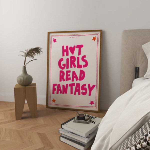 Hot Girls Read FantasyArt Print Poster, Quote Poster, Trendy Retro Print, Heart Illustration, Mid Century Print, Modern bedroom Wall Art