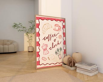 Coffee O’Clock Art Print Poster, Coffee Station Wall Art, Trendy Retro Print,  Mid Century Print, Modern Kitchen Wall Art, Hand Drawn