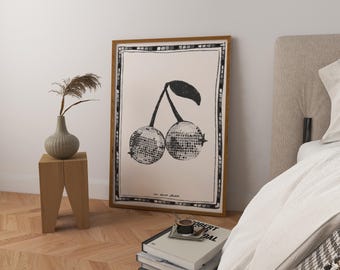 Disco Ball Kirschen Art Print Poster, Disco Ball Art, Bunte Küche Boho Küche Decor Art, Retro 70er 80er 90er Kunst, Disco Ball Print