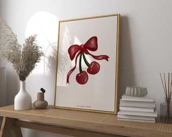 Kirschen und Schleife Kunstdruck Poster, handgezeichneter Druck, trendiger Retro-Print, Kirschen Schleife Illustration, Mid Century Print, moderne Küchenkunst