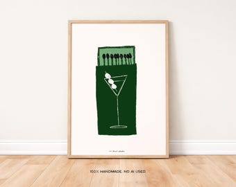 Martini Matchbox Art Print, Mid-Century Modern Bar Cart Decor