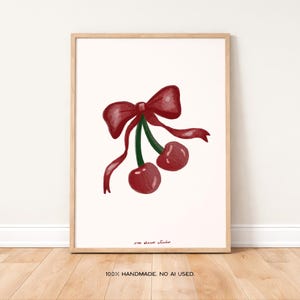Póster con estampado artístico de cerezas y lazo, impresión dibujada a mano.