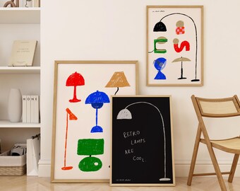 May include: Three framed illustrations of retro lamps in different colors and styles. The text "Retro Lamps Are Cool." is written on the black frame.