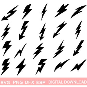 Könnte beinhalten: Ein Satz mit 20 schwarzen Blitz-Illustrationen. Die Blitze sind in verschiedenen Formen und Größen, und einige sind abgewinkelt.