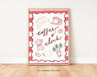 Coffee O’Clock Art Print Poster, Coffee Station Wall Art, Trendy Retro Print,  Mid Century Print, Modern Kitchen Wall Art, Hand Drawn