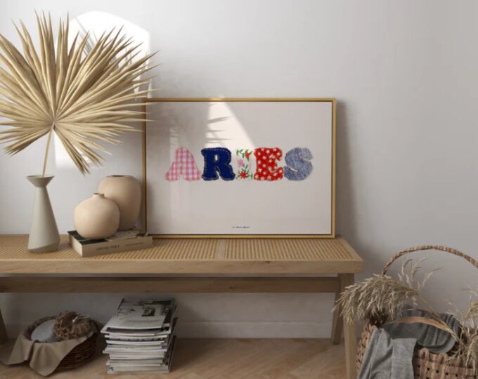 Aries Star Sign Patchwork Art Print, Retro Zodiac Poster
