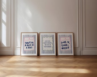 3 Art prints, Snug As A Bug, Love You Sweet Dreams, Love You Goodnight Art Print Poster, Trendy Retro Nursery Modern Bedroom  Wall Art Print