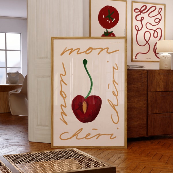Mon Cheri Art Print Poster, Vintage Food Print, Trendy Retro Print, Cheri Art Illustration Decor, Modern Kitchen Wall Art, French Cherry Art