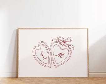 Custom Couples Initial Locket LANDSCAPE Art Print, Trendy Bedroom Wall Decor