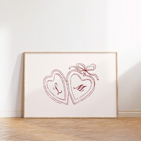 Custom Couples Initial Locket LANDSCAPE Art Print, Trendy Bedroom Wall Decor