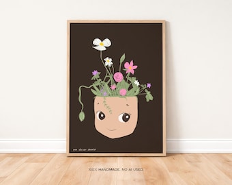 Plant Pot Head Art Print, Vintage Style, Modern Kitchen Wall Decor