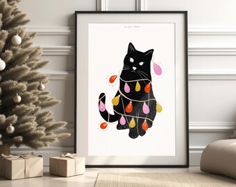 おもしろいクリスマスキャットライトプリント、トレンディなホリデー