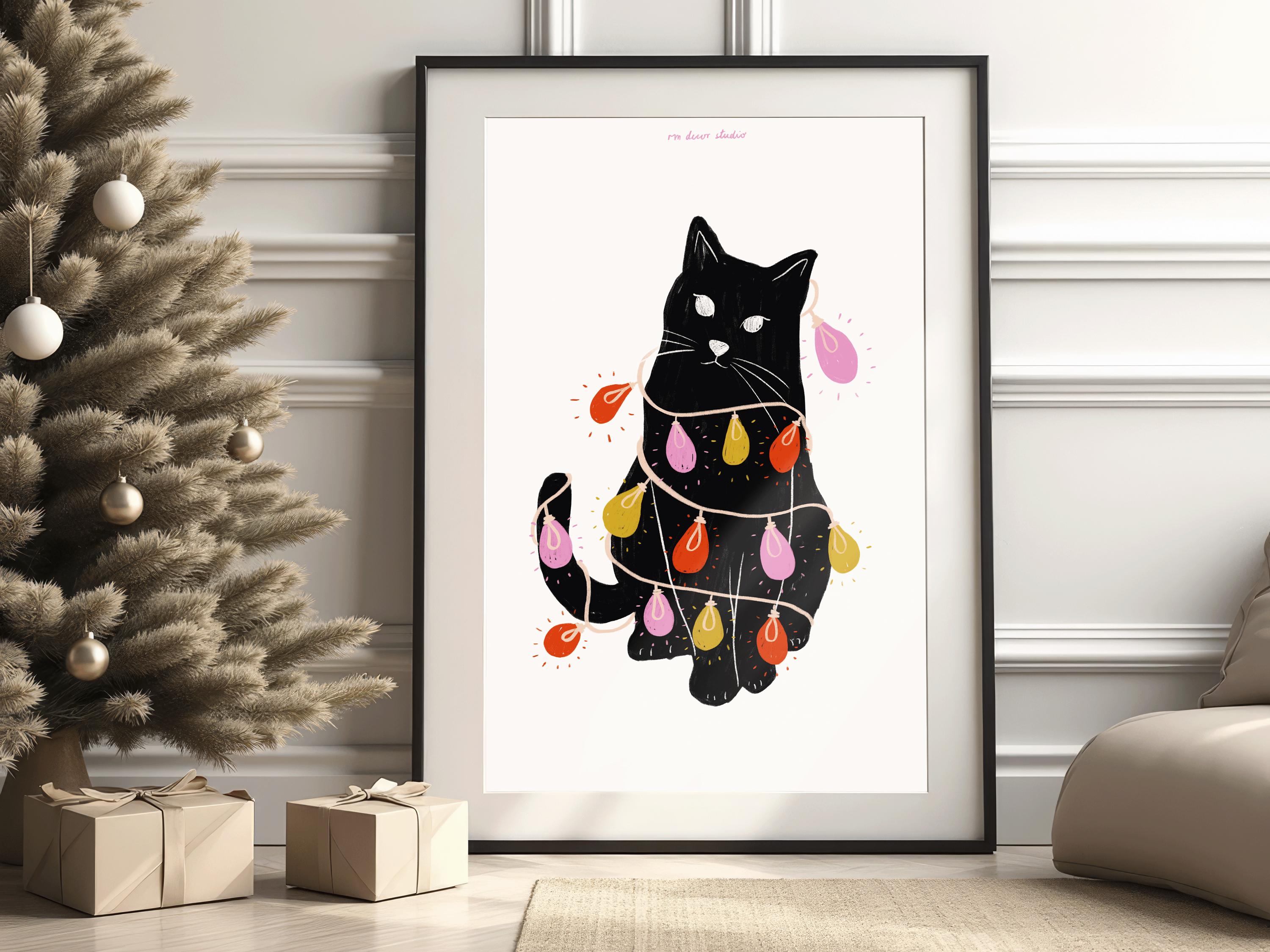 おもしろいクリスマスキャットライトプリント、トレンディなホリデー