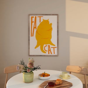 Cartel de impresión de arte de gato gordo, impresión vintage, impresión retro de moda, ilustración de tostadas de gato, impresión de mediados de siglo, arte moderno de la pared de la cocina