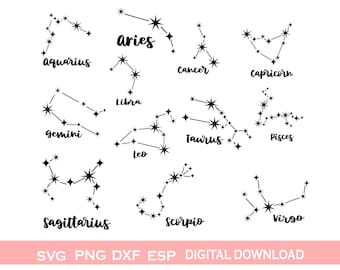 May include: Black and white line art illustrations of the 12 zodiac signs: Aries, Taurus, Gemini, Cancer, Leo, Virgo, Libra, Scorpio, Sagittarius, Capricorn, Aquarius, and Pisces. Each constellation is labeled with its corresponding zodiac sign.