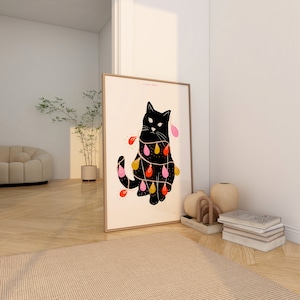 Gato Tanged em Impressão de Luzes de Natal, Gato de Natal Engraçado, Pôster da Moda, Ilustração de Amante de Gato, Natal Meowy, Arte de Parede de Cozinha Moderna