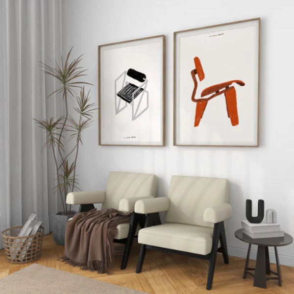 Retro Möbel Stühle Set mit zwei Drucken Kunst Poster, trendige Retro-Möbel Druck, Mid Century Druck, moderne Küche Wand Bar Warenkorb Kunst