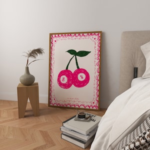 Pink Cherries Lucky 8 Art Print Poster, Heart Valentine Trendy Retro Print, Love Heart Illustration, Mid Century Print, Modern Kitchen Art