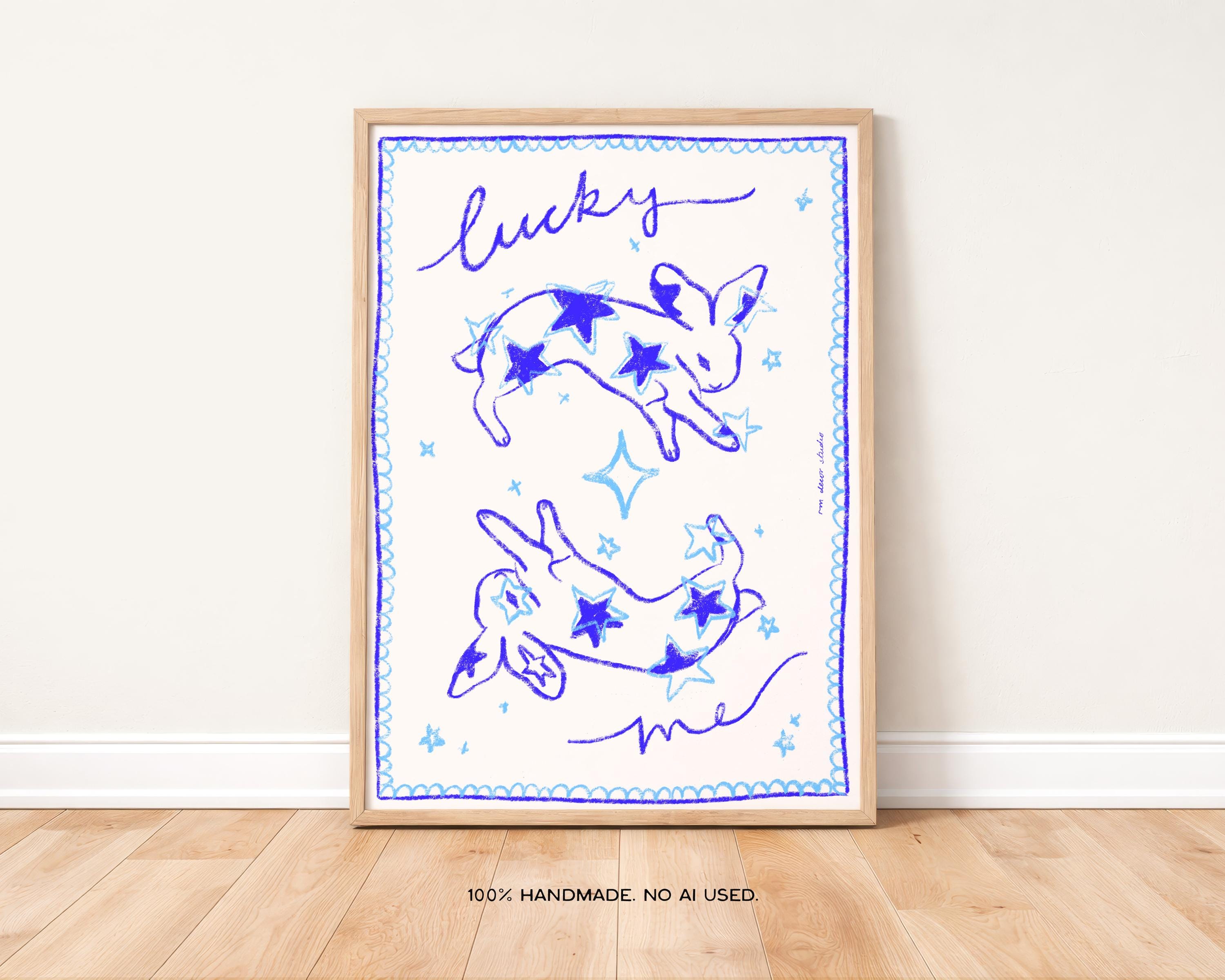 Lucky Bunnies Art Print, Retro Rabbit Illustration (digital 