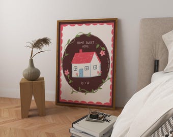 Custom Initial Home Sweet Home Art Print, Mid Century Modern Decor
