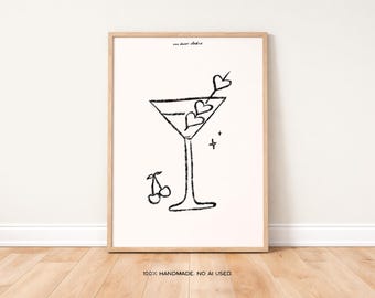 Retro Hearts Cocktail Illustration Print, Trendy Kitchen Wall Art