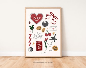 Lucky Me Collage Art Print Poster, Lucky Charms Print, Lucky You Matchbox, Lucky You 8 Ball, Lucky Clover, Lucky Numbers, Modern Kitchen Art