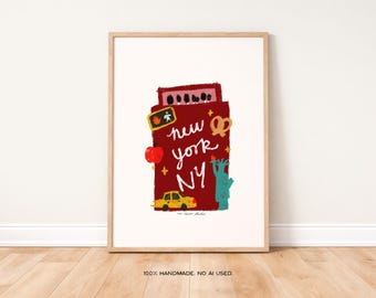 May include: A framed art print featuring a stylized illustration of New York City landmarks. The artwork includes a red building with the text "new york NY", a yellow taxi, the Statue of Liberty, a pretzel, and an apple.