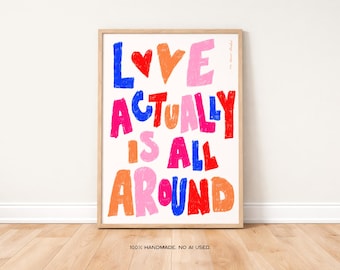 Love Actually is All Around Art Print Poster, Heart Valentine Trendy Retro Love Heart Illustration, Mid Century Print, Modern Kitchen Art