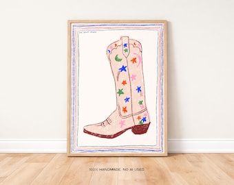 Cowboy Boot Art Print, Whimsical Star Illustration
