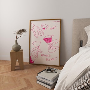 Mehr Drinks bitte? Kunstdruck Poster, Vintage Lebensmittel Druck, trendiger Retro Druck, Getränke Illustration, Mid Century Druck, moderne Küchen Wandkunst