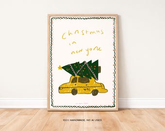 Christmas in New York Art Print, Taxi with Tree, Modern Holiday Wall Decor