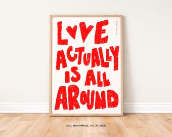 Love Actually is All Around Art Print Poster, Heart Valentine Trendy Retro Love Heart Illustration, Mid Century Print, Modern Kitchen Art