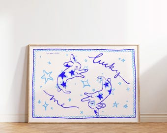 Lucky Me Bunnies Art Print, Whimsical Rabbit Illustration, Retro Kitchen Wall Art