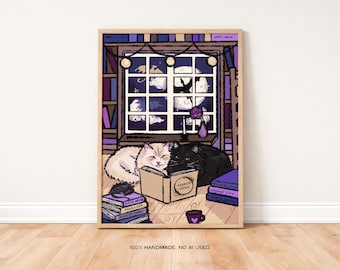 Two Siberian Cats Reading Fourth Meow Fantasy Book Lovers | Digital Download
