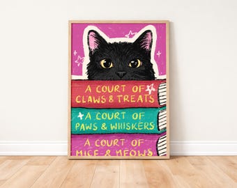 Black Cat Book Stack Art Print | Fantasy Book Lover Print | Digital Download