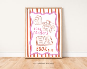 Póster con impresión artística "Cozy Readers Book Club 2", póster retro de moda para dormitorio, regalo para amantes de los libros, póster infantil, impresión artística de pared otoñal con garabatos modernos.