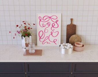 Rosa Schleife Kunstdruck Poster, handgezeichnete Schleife Print, trendiger Retro-Print, Schleifen Illustration Poster, Mid Century Print, moderne Küchenkunst