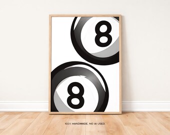 Lucky Number 8 Ball Art Print, Modern Retro Wall Decor