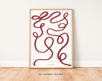 Burgundy Bow Art Print Poster, Hand Drawn Print, Trendy Retro Print, Heart Illustration, Mid Century Print, Modern bedroom Wall Art